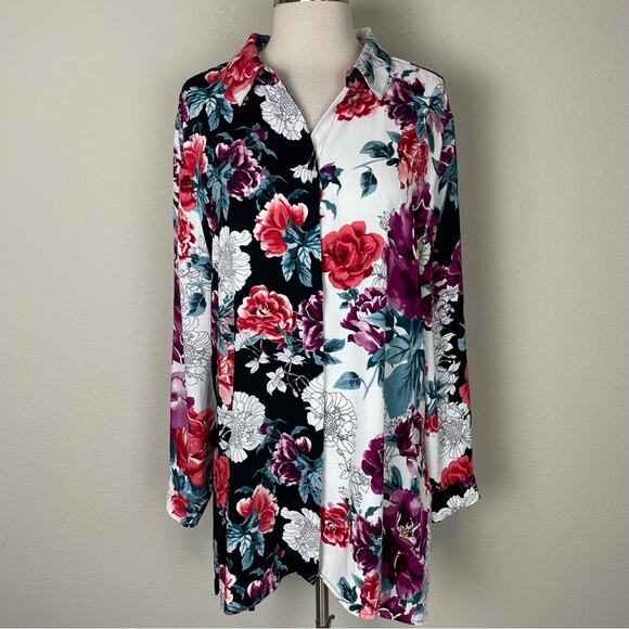 Chico's White Magenta Black  Floral Button Front Top 3 - Picture 1 of 7